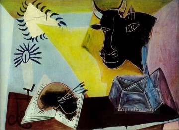 monochrome black white Painting - Still Life with the Head of a Black Bull 1938 Pablo Picasso